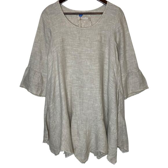 Yuvita Linen Tunic Mini Beige Dress 3/4 Bell Sleeve Lagenlook size Small - Picture 1 of 5